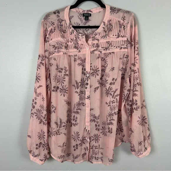 Torrid Crinkle Chiffon Pink Peasant Lurex Sheered Long Sleeve Blouse Size 1 - Picture 3 of 11